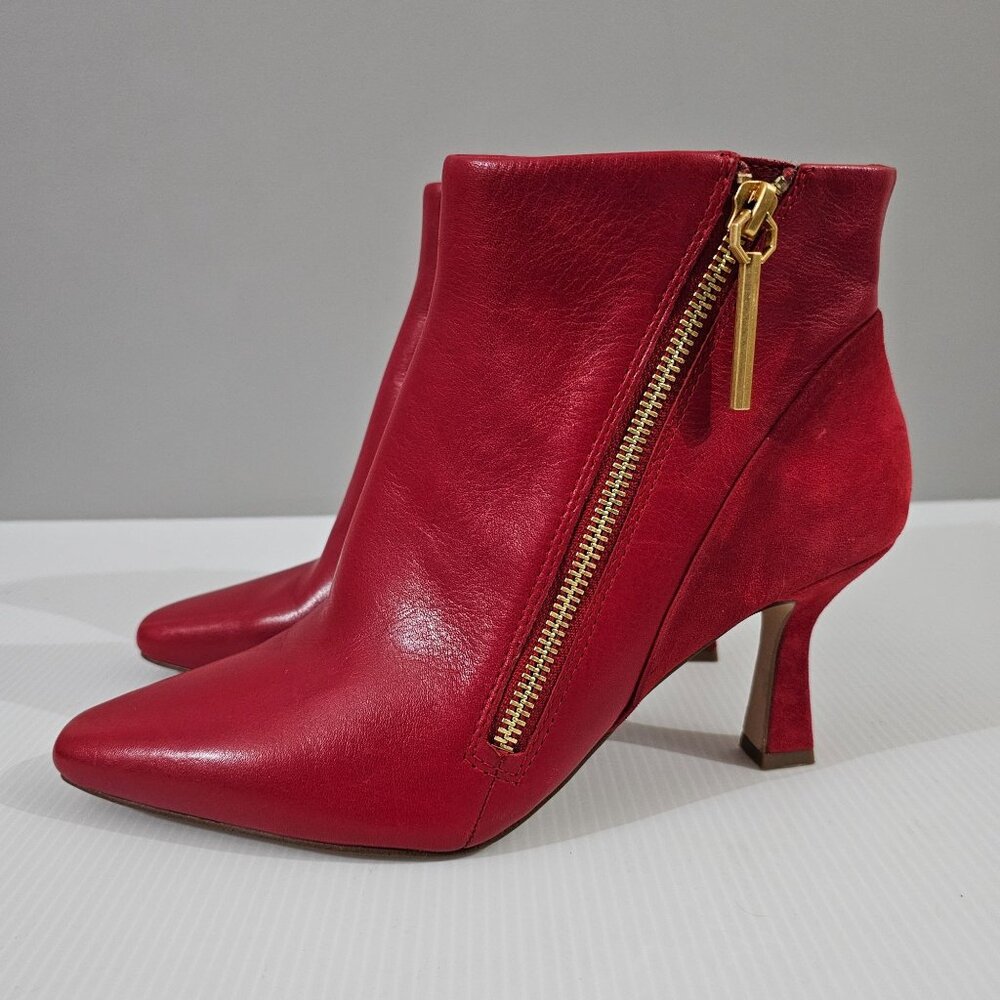 Louise et Cie Red Leather Pointed Ankle Booties with Gold Side Zip